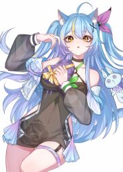 1girl absurdres ahoge animal_ear_fluff animal_ears bare_shoulders blue_hair box cat_ears cat_girl cybermyth gift godsoul gradient_hair hair_ornament highres holding multicolored_hair orange_eyes purple_hair solo streaked_hair x_hair_ornament