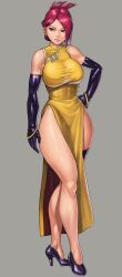 1girl akatsuki_blitzkampf asian bracelet breasts china_dress chinese_clothes dress elbow_gloves en-eins_kanzen_sekai en-eins_perfektewelt gloves high_heels highres jewelry large_breasts latex latex_gloves marilyn_sue marilyn_sue_dajie shinonome_(game_hakkutsu_tai) short_twintails smile thighs twintails