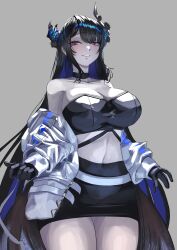 1girl absurdres alternate_costume black_choker black_hair black_horns black_skirt black_tube_top blue_hair brasileiroo breasts choker cleavage colored_inner_hair gloves grey_background highres hololive hololive_english horns huge_breasts jacket long_hair miniskirt mole mole_under_eye multicolored_hair nerissa_ravencroft red_eyes simple_background skirt solo strapless tube_top very_long_hair virtual_youtuber white_jacket