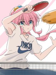 Rule 34 | 1girl, absurdres, armpits, ball, blue eyes, blurry, blurry foreground, bocchi the rock!, closed mouth, cube hair ornament, dot nose, gotoh hitori, hair between eyes, hair ornament, hands up, highres, holding, holding table tennis paddle, logo, logo parody, long hair, mayo (oekaki bibbi), motion lines, nike (company), paddle, pink hair, ponytail, shirt, short sleeves, solo, speed lines, t-shirt, table tennis, table tennis ball, table tennis net, table tennis paddle, upper body, white background, white shirt