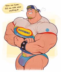 Rule 34 | 1boy, backwards hat, bara, biceps, blonde hair, blue eyes, blush, bulge, covered erect nipples, cowboy shot, drooling, english text, facial hair, flexing, hat, highres, large pectorals, looking at viewer, male focus, male pubic hair, mouth drool, muscular, muscular arms, muscular legs, muscular male, original, pectorals, print shirt, pubic hair, pubic hair peek, shirt, short hair, sideburns, simple background, smile, solo, sparse arm hair, sparse leg hair, speech bubble, stubble, thighs, tight clothes, tight shirt, uleez, white background