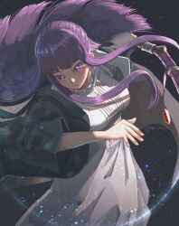 1girl artist_name black_background black_coat breasts bright_pupils closed_mouth coat collar collared_dress commentary_request dress expressionless eyelashes feet_out_of_frame fern_(sousou_no_frieren) floating_hair frilled_collar frills hands_up highres holding holding_staff large_breasts light_particles long_dress long_sidelocks long_sleeves mage_staff open_clothes open_coat outstretched_arm purple_eyes purple_hair serious sidelocks solo sousou_no_frieren staff traghetto turning_head watermark white_dress white_pupils wide_sleeves