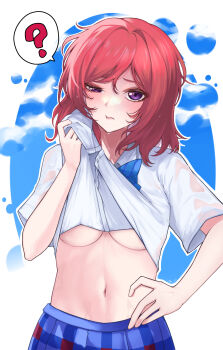 Rule 34 | 1girl, :t, ?, blue skirt, breasts, clothes lift, highres, lifting own clothes, looking at viewer, love live!, love live! school idol project, medium breasts, navel, nishikino maki, otonokizaka school uniform, plaid clothes, plaid skirt, purple eyes, red hair, school uniform, shirt, shirt lift, skirt, solo, spoken question mark, stomach, underboob, white shirt, wiping sweat, zr04