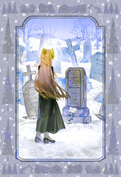 1girl absurdres arknights bare_tree black_dress black_shoes border brown_hair commentary cross day dress elf english_commentary facing_away flower from_behind full_body graveyard grey_border grey_pantyhose hair_ornament highres latin_cross long_hair lyuqiu muelsyse_(arknights) outdoors pantyhose plant pointy_ears shoes snow solo standing tombstone tree white_flower