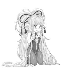 1girl blush breasts full_body granblue_fantasy greyscale harvin highres kneeling leotard long_hair mahira_(granblue_fantasy) monochrome pantyhose playboy_bunny pointy_ears small_breasts solo transparent_background very_long_hair yggsil