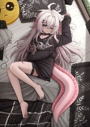 1girl absurdres anklet axolotl_ears axolotl_girl axolotl_tail barefoot belt black_choker black_nails choker commission goth_fashion grey_hair hair_between_eyes highres jewelry lobsteranian long_hair looking_at_viewer lying on_back one_eye_closed original pillow purple_eyes sleeves_past_wrists solo stuffed_animal stuffed_toy teddy_bear thigh_belt thigh_strap
