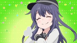 1girl akatsuki_(kancolle) black_hair black_hat black_sailor_collar closed_eyes flat_cap green_background hat highres kantai_collection parody puff_of_air sailor_collar sailor_shirt shirt smile smug solo style_parody sugapi white_shirt