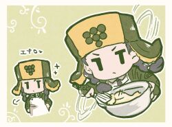 1boy apron black_eyes black_hair black_necktie border bowl braid chibi chibi_only closed_mouth collared_shirt cooking cropped_torso frown fur_hat green_background green_hat green_jumpsuit hat holding holding_bowl jitome jojo_no_kimyou_na_bouken jojolion jumpsuit kasasagi_(hinagi) long_hair long_sleeves looking_at_viewer mamezuku_rai mixing_bowl multiple_views necktie outline puff_of_air shirt solid_oval_eyes sparkle translation_request twin_braids two-tone_hat upper_body ushanka v-shaped_eyebrows whisk white_apron white_border white_outline white_shirt yellow_hat |_|