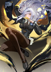 1girl absurdres arm_up black_pantyhose black_shirt black_shoes black_unitard blue_flower bodystocking boutonniere breasts feng_zhu_shang_beo_hen floating_hair flower flower_on_chest grey_hair high_heels highres holding_ofuda large_breasts long_hair midair official_alternate_costume pantyhose shirt shoes single_hair_intake solo yellow_eyes yixuan_(trails_of_ink)_(zenless_zone_zero) yixuan_(zenless_zone_zero) zenless_zone_zero
