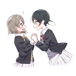 2girls black_hair black_jacket blush brown_hair collared_shirt commentary_request embarrassed eye_contact flying_sweatdrops gradient_hair green_eyes green_hair hair_between_eyes holding_hands jacket looking_at_another love_live! love_live!_nijigasaki_high_school_idol_club multicolored_hair multiple_girls nakasu_kasumi neck_ribbon nijigasaki_school_uniform plaid_clothes plaid_skirt pleated_skirt ribbon school_uniform shirt short_hair skirt takasaki_yu twintails watanabe_nako