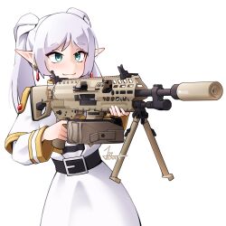 1girl absurdres aqua_eyes artist_name belt bipod black_belt brass_catcher capelet closed_mouth commentary dated dress earrings elf english_commentary finger_on_trigger frieren gold_trim gun highres holding holding_gun holding_weapon jestami jewelry light_blush light_machine_gun long_hair looking_at_viewer machine_gun pointy_ears sig_mg338 signature simple_background smile solo sousou_no_frieren suppressor twintails weapon white_background white_capelet white_dress