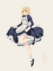 1girl :d absurdres alternate_costume apron black_shirt black_skirt blonde_hair breasts cagalli_yula_athha enmaided full_body grey_background gundam gundam_seed hair_between_eyes highres koban_(zouwqprlfvilaod) long_sleeves maid maid_headdress medium_breasts medium_skirt open_mouth red_eyes shirt simple_background sketch skirt skirt_hold smile socks solo watermark white_apron white_socks