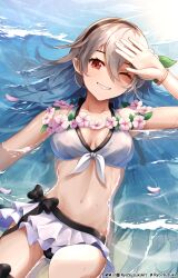 1girl absurdres bikini bikini_skirt black_hairband blush breasts cleavage female_corrin_(fire_emblem) female_corrin_(novice_vacationer)_(fire_emblem) fire_emblem fire_emblem_fates fire_emblem_heroes flower flower_necklace grey_hair hair_between_eyes hair_ornament hairband highres jewelry lei long_hair looking_at_viewer medium_breasts navel necklace nintendo official_alternate_costume one_eye_closed open_mouth partially_submerged pointy_ears red_eyes ryo-suzuki smile solo swimsuit water white_bikini white_hair wreath