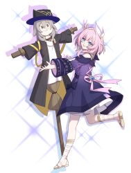 1girl :q absurdres artist_logo black_coat blue_eyes coat commentary cyrene_(honkai:_star_rail) gladiator_sandals grey_hair hair_ornament highres honkai:_star_rail honkai_(series) logo looking_at_viewer luyue objectification open_mouth outstretched_arms pink_hair purple_coat sandals scarecrow shirt signature smile solo stelle_(honkai:_star_rail) tongue tongue_out trailblazer&#039;s_hat_(honkai:_star_rail) trailblazer_(honkai:_star_rail) white_background white_shirt