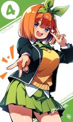 1girl absurdres artist_name black_jacket blazer blue_eyes bow bowtie breasts character_name collared_shirt commentary_request copyright_name cowboy_shot double_v go-toubun_no_hanayome green_bow green_bowtie green_hairband green_skirt hairband highres jacket large_breasts long_sleeves looking_at_viewer nakano_yotsuba open_mouth orange_hair pleated_skirt school_uniform shirt short_hair skirt smile solo sparkle sui_hope sweater_vest teeth twitter_username upper_teeth_only v white_shirt yellow_sweater_vest