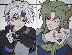 Rule 34 | 2boys, ;), armor, black cape, black gloves, black shirt, blue eyes, blue headband, blue shirt, breastplate, brown horns, cape, chromatic aberration, closed mouth, commentary, demon boy, demon horns, double thumbs down, finger heart, fingerless gloves, furrowed brow, gloves, green hair, hand on own neck, headband, heart, heart hands, highres, horns, long hair, long sleeves, looking at viewer, male focus, multiple boys, one eye closed, parted bangs, parted lips, pauldrons, pointy ears, puyopuyo, red eyes, satan (puyopuyo), schezo wegey, shirt, short hair, shoulder armor, sidelocks, simple background, slit pupils, smile, soinjan, sweat, symbol-only commentary, thumbs down, thumbs down heart hands, upper body, white background, white hair