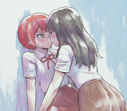 10s 2girls black_hair blush danganronpa_(series) face-to-face freckles green_eyes koizumi_mahiru long_hair multiple_girls namu_(nurui_cha) red_hair satou_(danganronpa) school_uniform short_hair danganronpa_2:_goodbye_despair sweatdrop yuri