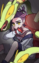 1boy black_hair blue_socks blurry blurry_foreground closed_mouth colored_sclera commentary_request gloves grey_background highres holding holding_poke_ball hydrapple jacket kieran_(pokemon) long_sleeves looking_at_viewer mole mole_on_neck nintendo open_clothes open_jacket open_mouth partially_fingerless_gloves pkf273ash poke_ball poke_ball_(basic) pokemon pokemon_(creature) pokemon_sv purple_hair rain red_tank_top shorts simple_background sitting socks tank_top tongue twitter_username yellow_eyes yellow_sclera
