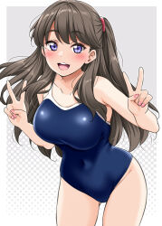 1girl blue_one-piece_swimsuit breasts brown_hair competition_school_swimsuit double_v fujishima_megumi gluteal_fold grey_background highres large_breasts link!_like!_love_live! long_hair looking_at_viewer love_live! one-piece_swimsuit open_mouth polka_dot polka_dot_background purple_eyes school_swimsuit side_ponytail smile solo swimsuit v virtual_youtuber white_background yopparai_oni