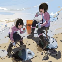 Rule 34 | 2girls, :d, animal, beach, black pants, boots, brown boots, brown hair, camping, cooler, crab, flowers (innocent grey), highres, holding, holding animal, holding thermometer, jacket, knee boots, long sleeves, mole, mole under eye, multicolored jacket, multiple girls, multiple moles, open mouth, outdoors, pants, pink jacket, puddle, rock, sasaki ichigo, sasaki ringo, shishima eichi, short hair, siblings, sisters, sitting, smile, teeth, thermometer, thermos, twins, upper teeth only, water