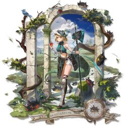 1girl apple arch arknights armored_boots artist_request asymmetrical_sleeves bandaged_arm bandages bare_shoulders belt black_belt black_skirt blonde_hair blue_jay boots buttons closed_mouth cloud cloudy_sky column cropped_shirt daisy detached_sleeves dragon english_text flag flower food fruit green_shirt hat_feather helm helmet high_heel_boots high_heels highres holding holding_food holding_fruit holding_polearm holding_weapon horns knee_boots knee_guards large_tail layered_skirt linea_alba lizard_tail looking_at_viewer navel official_alternate_costume official_art originium_slug_(arknights) outdoors pillar pointy_ears polearm red_eyes ruins shirt short_hair shorts shorts_under_skirt sidelocks skirt skirt_pocket sky smile solo tail third-party_source transparent_background tree vambraces vanilla_(arknights) vanilla_(the_zoophilist_and_her_mollusca)_(arknights) walking weapon whistle whistle_around_neck white_flower white_shorts white_sleeves wyvern