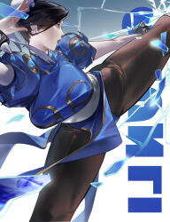 1girl absurdres blue_dress bracelet breasts brown_eyes brown_hair bun_cover capcom china_dress chinese_clothes chun-li double_bun dress earrings fighting_stance hair_bun highres jewelry lfpwrk0vlocrzl4 open_mouth pantyhose pearl_earrings pelvic_curtain puffy_short_sleeves puffy_sleeves short_sleeves solo spiked_bracelet spikes street_fighter street_fighter_6 studded_bracelet thick_thighs thighs