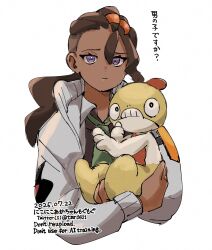 1boy bright_pupils brown_hair closed_mouth coat commentary_request dark-skinned_male dark_skin dated eyelashes gen_5_pokemon green_necktie hair_between_eyes highres holding holding_pokemon long_hair long_sleeves male_focus naveen_(pokemon) necktie nintendo open_clothes open_coat pokemon pokemon_(creature) pokemon_legends:_z-a purple_eyes scraggy shirt simple_background tmr0621 translation_request twitter_username white_background
