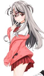 1girl absurdres beguzemu0728 black_choker black_hair cardigan choker closed_mouth grey_hair hair_ornament hairpin highres hololive long_hair looking_at_viewer multicolored_hair nail_polish official_alternate_costume official_alternate_hairstyle pink_cardigan red_eyes red_nails red_skirt sakamata_chloe sakamata_chloe_(gyarumata) shirt skirt solo streaked_hair tongue tongue_out two_side_up v v_over_mouth virtual_youtuber white_shirt x_hair_ornament