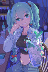 1girl aqua_nails bar_(place) blue_eyes blush bottle bow braid braided_twintails breasts collarbone commentary_request crop_top crossed_bangs cup denim denim_jacket double-parted_bangs drink drinking_glass grey_shirt grin hair_between_eyes hair_bow hair_ornament hand_on_own_cheek hand_on_own_face hatsune_miku head_rest holding holding_cup ice_bucket jacket jeans long_hair looking_at_viewer medium_breasts nail_polish navel open_clothes open_fly open_jacket open_mouth pants red_bow shelf shirt side_braids sitting smile solo spilling spring_onion stomach teeth translation_request twintails very_long_hair vocaloid wooden_chair yukichi_(yu-ame)