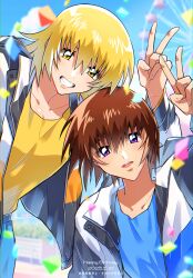 1boy 1girl absurdres blonde_hair breasts brother_and_sister brown_hair cagalli_yula_athha commentary_request dated english_text gundam gundam_seed happy_birthday highres jacket kira_yamato looking_at_viewer mixed-language_text open_mouth purple_eyes rrrisyf shirt short_hair siblings smile sportswear twins v yellow_eyes