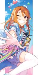 Rule 34 | 1girl, balloon, bright pupils, brown eyes, foreshortening, gloves, grin, heart balloon, holding, holding microphone, idolmaster, idolmaster cinderella girls, long hair, looking at viewer, microphone, one eye closed, orange hair, pillarboxed, short sleeves, shorts, smile, solo, thighhighs, toyosaka, white gloves, white pupils, yuuki haru