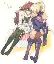 2girls bare_shoulders boots breasts cleavage diva_(mabinogi) earan_(mabinogi) head_on_another&#039;s_shoulder looking_at_another mabinogi multiple_girls music rian_(bdl) singing sitting