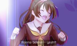 1girl ^_^ bow brown_dress brown_hair clenched_hands closed_eyes commentary dress english_text hair_between_eyes hair_bow half_updo hasu_no_sora_school_uniform highres link!_like!_love_live! long_hair long_sleeves love_live! love_live!_nijigasaki_high_school_idol_club love_live!_series_asia_tour_2024 memory_kosei neckerchief on_your_mark_(love_live!) open_mouth osaka_shizuku red_bow sailor_collar sailor_dress school_uniform sidelocks smear_frame solo teeth upper_body upper_teeth_only v-shaped_eyebrows white_sailor_collar winter_uniform yellow_neckerchief