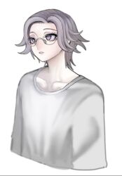 Rule 34 | 1boy, aotsuki eito, collarbone, glasses, grey eyes, grey hair, highres, male focus, matching hair/eyes, open mouth, shirt, simple background, solo, solo focus, the hundred line -last defense academy-, upper body, white background, white shirt