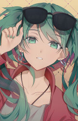 1girl absurdres adjusting_eyewear earrings green_eyes green_hair green_nails hatsune_miku highres jacket jewelry long_hair long_sleeves looking_at_viewer necklace open_mouth pm_(lily112100) red_jacket simple_background suna_no_wakusei_(vocaloid) sunglasses twintails vocaloid
