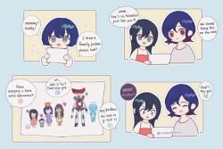 1boy 2girls amate_yuzuriha amuro_ray aqua_eyes artist_name black_hair blue_hair blush child child&#039;s_drawing closed_eyes colored_inner_hair commentary conch_(gundam) english_text family father_and_daughter gquuuuuux gundam gundam_gquuuuuux haro heart if_they_mated mother_and_daughter multicolored_hair multiple_girls nyaan_(gundam_gquuuuuux) open_mouth purple_hair red_eyes reversiblekiss shirt short_hair shuji_ito smile speech_bubble spoken_heart twitter_username two-tone_hair white_shirt wide-eyed