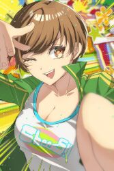 1girl breasts brown_eyes brown_hair cleavage colorful_background commentary_request green_jacket highres jacket medium_breasts one_eye_closed open_clothes open_jacket open_mouth persona persona_4 satonaka_chie shirt short_hair smile white_shirt zer00han