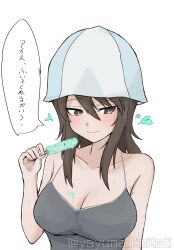 1girl absurdres blush breasts brown_eyes brown_hair camisole cleavage collarbone commentary_request food food_on_body food_on_breasts girls_und_panzer grey_camisole heart highres holding holding_food holding_popsicle ice_cream large_breasts light_smile long_hair melting_popsicle mika_(girls_und_panzer) mint_chocolate popsicle signature solo spaghetti_strap striped_hat translation_request yayuna_kaitati