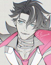 1boy bandaged_neck bandages black_hair blue_eyes collared_shirt earrings genshin_impact hair_between_eyes highres jacket jewelry limited_palette looking_at_viewer male_focus monochrome multicolored_hair necktie parted_lips portrait red_necktie scar scar_on_face scar_on_neck shirt short_hair signature simple_background smile solo spot_color streaked_hair tsubame-shi_(tubame) two-tone_hair upper_body white_hair wriothesley_(genshin_impact)