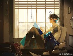 1boy arknights black_hair blanket blue_hair book book_stack brown_pants chair chinese_commentary cityscape collared_shirt colored_inner_hair commentary_request desk feet_out_of_frame from_side frown highres imahana017 indoors lumen_(arknights) male_focus mirror multicolored_hair pants picture_frame pointy_ears ship shirt solo watercraft watermark weibo_watermark white_shirt window writing yellow_eyes