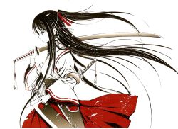 1girl bandaged_arm bandages black_eyes black_hair cowboy_shot earrings female_focus from_side hakama hakama_skirt half_updo holding holding_sword holding_weapon hoop_earrings japanese_clothes jewelry layered_sleeves long_hair long_sleeves moonsorrow pixiv_fantasia pixiv_fantasia_1 profile sheath sheathed short_over_long_sleeves short_sleeves simple_background skirt solo sword sword_on_back traditional_clothes very_long_hair weapon weapon_on_back white_background
