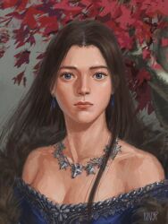 1girl a_song_of_ice_and_fire aged_up arya_stark autumn_leaves bare_shoulders blue_dress blue_eyes breasts brown_hair cleavage collarbone dress earrings floating_earring floating_hair grey_background highres jewelry leaf long_hair looking_at_viewer mature_female necklace realistic red_leaf red_lips rincap sidelocks signature silver_necklace solo third-party_source tree