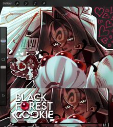 1girl black_forest_cookie bouquet brown_hair cherry cookie_run cookie_run:_kingdom dark-skinned_female dark_skin dress eun_ma flower food fruit highres holding holding_bouquet long_hair solo very_long_hair wedding_dress white_dress