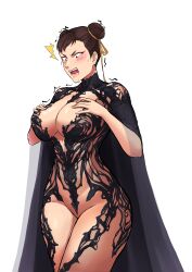 1girl absurdres black_cloak bodysuit breasts capcom cape chronopattern_dress chun-li cloak double_bun eyeliner hair_bun highres large_breasts lightsosis makeup meme_attire red_eyeliner revealing_clothes see-through_bodysuit see-through_cape see-through_clothes simple_background solo standing street_fighter surprised