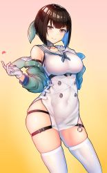 1girl absurdres black_gloves black_hair blue_hair blue_neckerchief blue_oath breasts collar colored_inner_hair contrapposto covered_navel dress gloves gradient_background green_jacket hand_on_own_chest highres jacket large_breasts long_sleeves looking_at_viewer multicolored_hair neckerchief nichesnake off_shoulder open_clothes open_jacket red_eyes sailor_collar short_dress short_hair skindentation smile solo takao_(blue_oath) thigh_strap thighhighs underbust white_dress white_gloves white_sailor_collar white_thighhighs