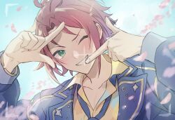1boy ;d absurdres bangs_pinned_back blue_jacket ensemble_stars! falling_petals finger_frame green_eyes head_tilt highres isara_mao jacket long_sleeves looking_at_viewer male_focus official_alternate_costume one_eye_closed open_mouth petals pink_petals red_hair reijiro smile solo upper_body viewfinder