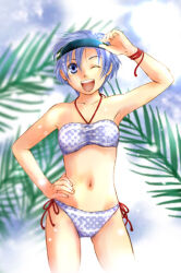 1girl ;d alternate_costume bikini blue_bikini blue_eyes blue_hair breasts commentary_request fire_emblem fire_emblem:_the_binding_blade grey_bikini halterneck hand_on_own_hip looking_at_viewer nintendo one_eye_closed open_mouth shanna_(fire_emblem) short_hair side-tie_bikini_bottom small_breasts smile solo swimsuit thighs usachu_now