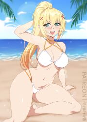 armpits barefoot beach bikini blonde_hair blue_eyes blue_sky breasts cleavage commentary darkness_(konosuba) english_commentary faenatical highres kono_subarashii_sekai_ni_shukufuku_wo! large_breasts long_hair navel ocean open_mouth paid_reward_available ponytail sand sky smile stomach swimsuit thighs white_bikini