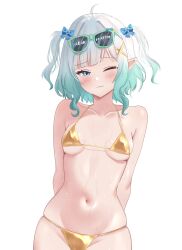 1girl :3 absurdres ahoge andrl arms_behind_back bikini blue_eyes blush breasts commentary english_commentary eyewear_on_head gold_bikini golden_week gradient_hair green_hair hair_ornament hairclip highres indie_virtual_youtuber looking_at_viewer mint_fantome multicolored_hair navel one_eye_closed pointy_ears short_hair simple_background small_breasts solo straight-on string_bikini sunglasses swimsuit two_side_up virtual_youtuber wavy_hair wet white_background white_hair