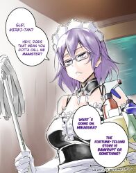 1girl alternate_costume bare_shoulders black_camisole camisole digimon digimon_world_re:digitize glasses highres holding indoors keyliom maid maid_headdress mikagura_mirei purple_eyes purple_hair short_hair solo upper_body